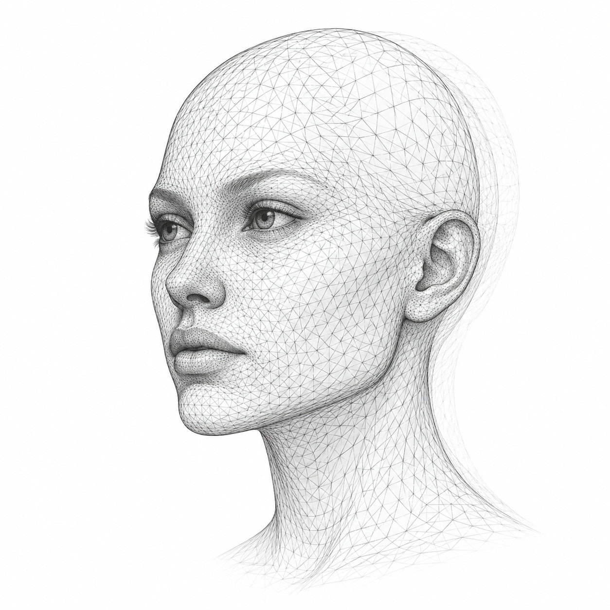 A human face illustrated as a fine geometric mesh